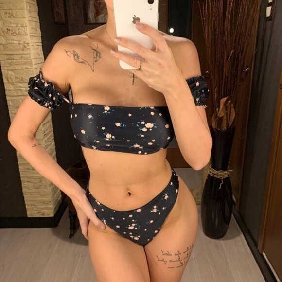 Black Boho Off Shoulder Bandeau High Waist Bikini Set Swimsuit - Picture 4 of 8